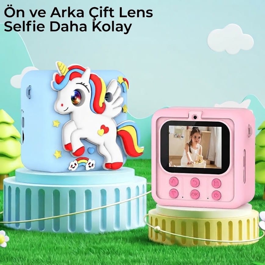 GLRTech M7 Ön Arka Lensli Anında Siyah Beyaz Termal Baskılı Çocuk Fotoğraf Makinesi