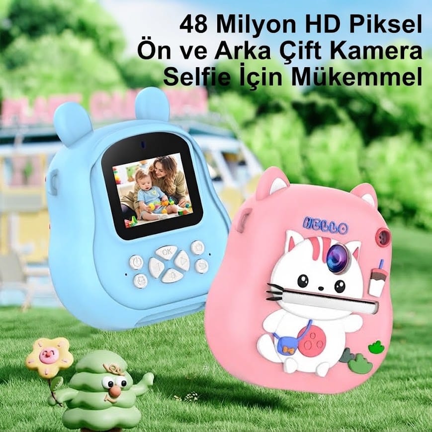 GLRTech M3 Ön Arka Lensli Anında Siyah Beyaz Termal Baskılı Çocuk Fotoğraf Makinesi