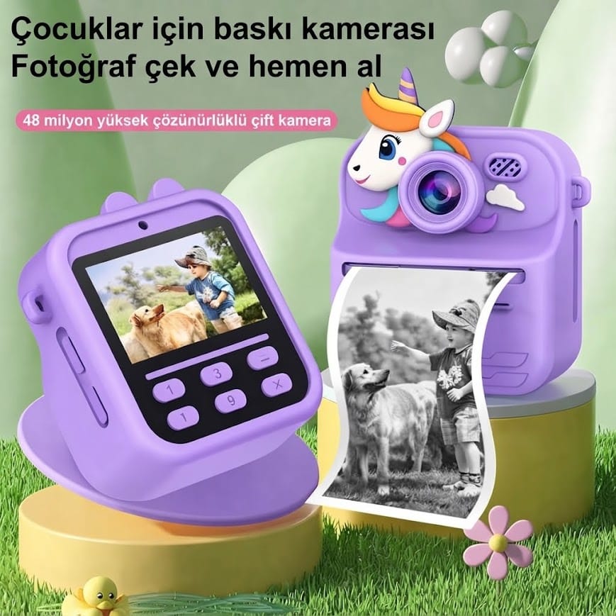 GLRTech S1 Ön Arka Lensli Anında Siyah Beyaz Termal Baskılı Çocuk Fotoğraf Makinesi