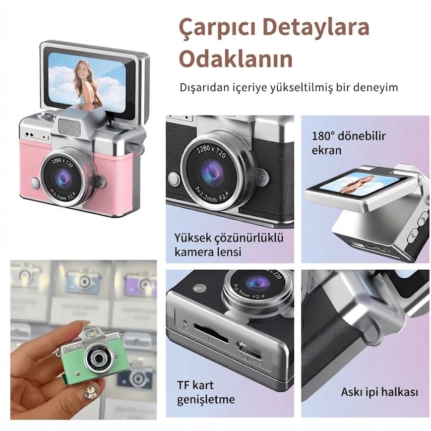 GLRTech LK-027 180 Derece Dönebilen Ekranlı Mini Retro Fotoğraf Makinesi