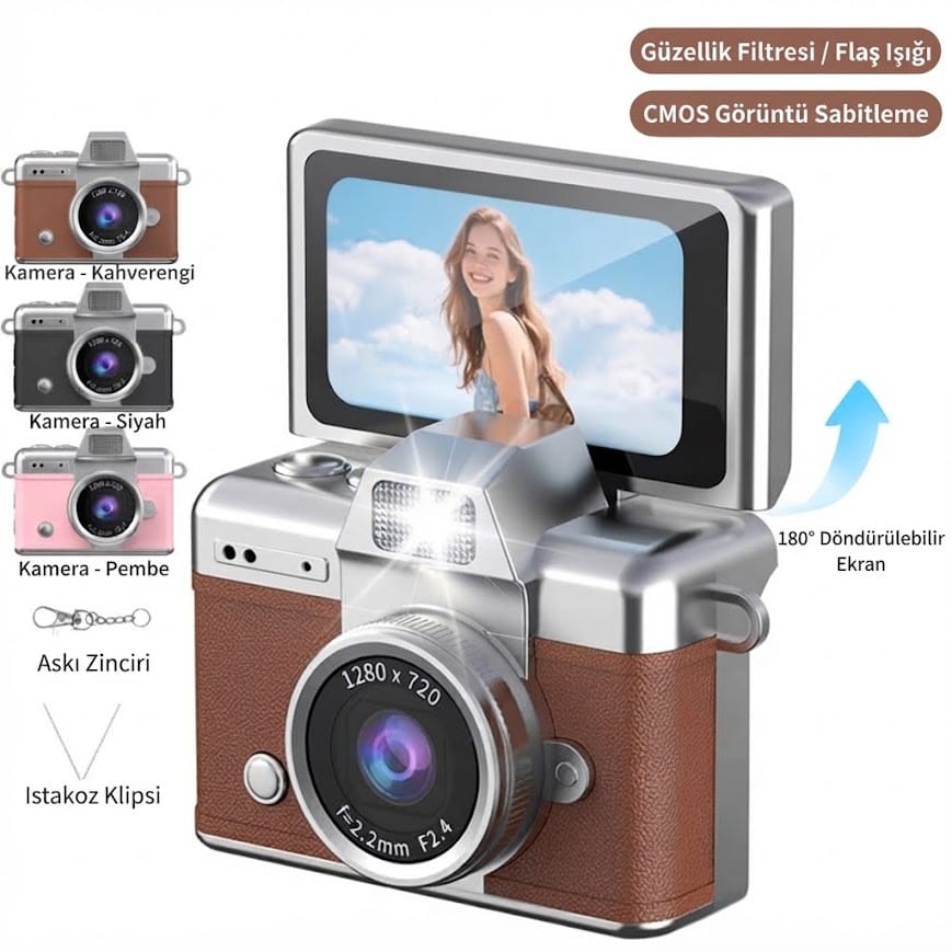 GLRTech LK-027 180 Derece Dönebilen Ekranlı Mini Retro Fotoğraf Makinesi