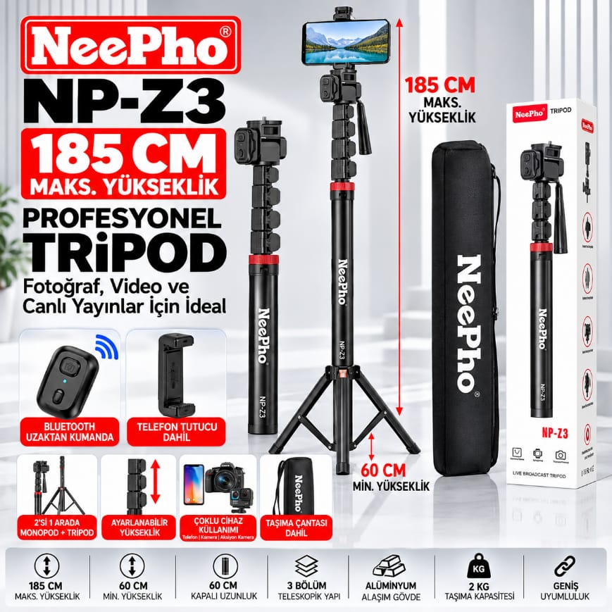 Neepho NP-Z3 Kumandalı 185 CM Multifonksiyonel Tripod