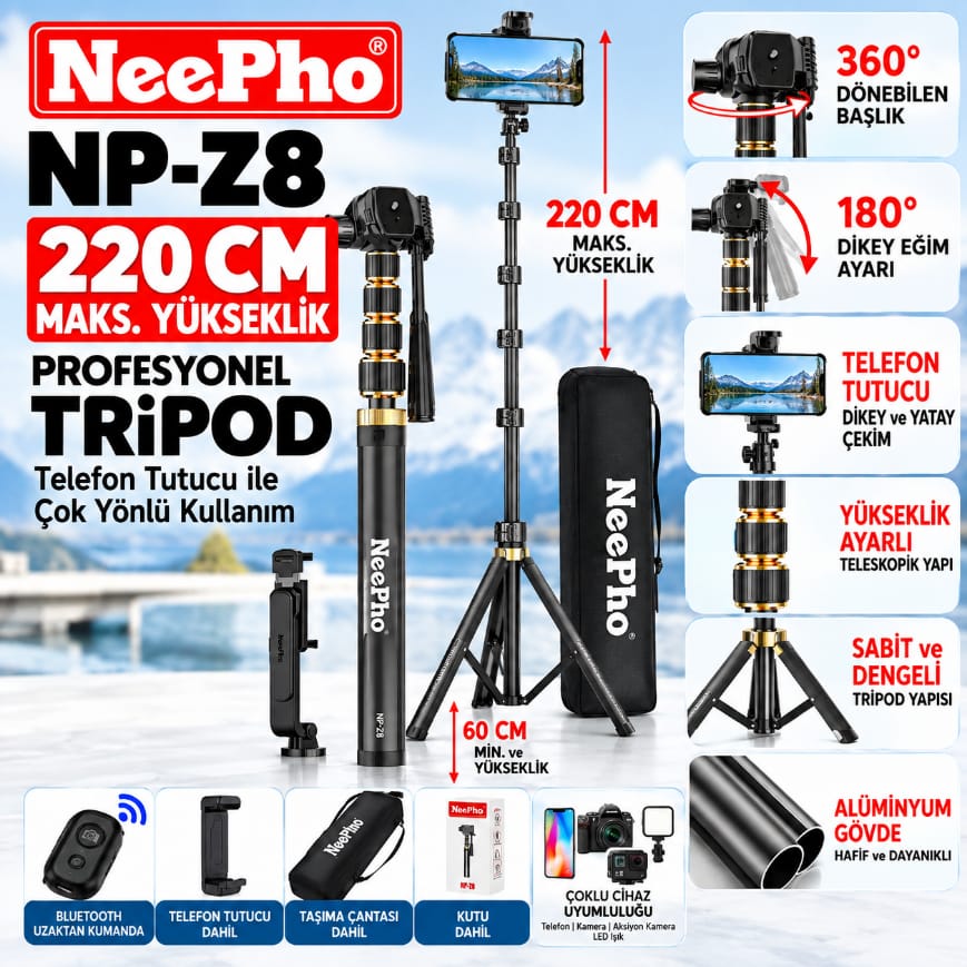 Neepho NP-Z8 Kumandalı 220 CM Multifonksiyonel Tripod