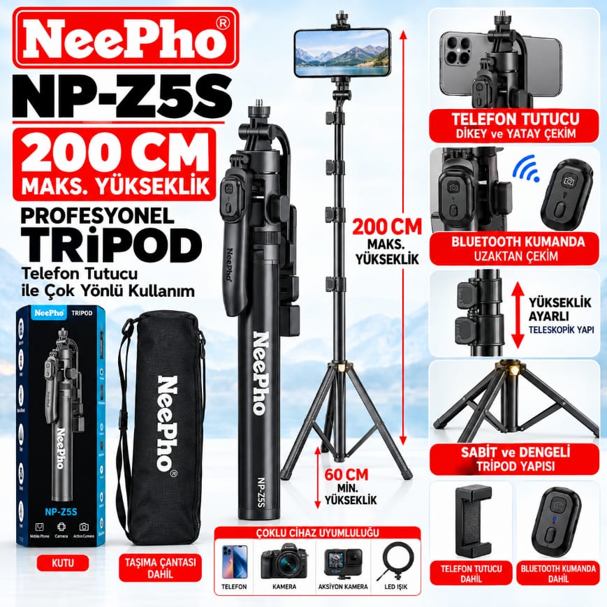 Neepho NP-Z5S Kumandalı Multifonksiyonel Işıklı Tripod