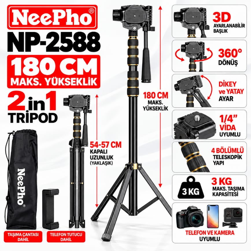 Neepho NP-2588 180 CM Profesyonel Tripod
