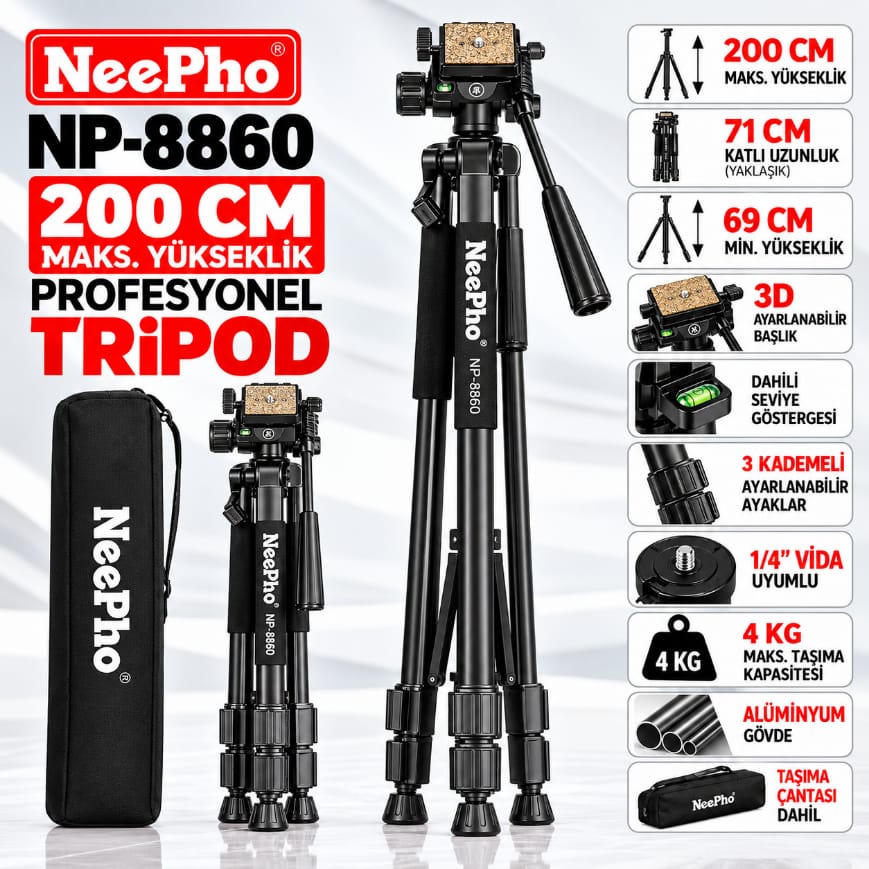 Neepho NP-8860 200 CM Profesyonel Tripod