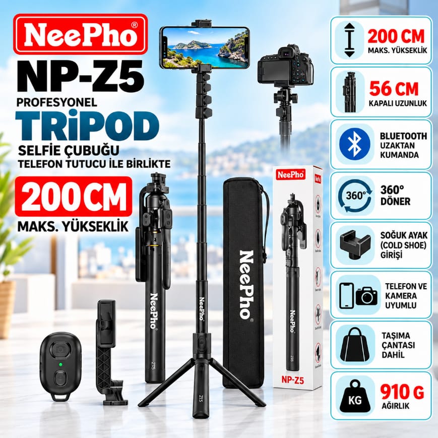 Neepho NP-Z5 Kumandalı 200 CM Multifonksiyonel Tripod