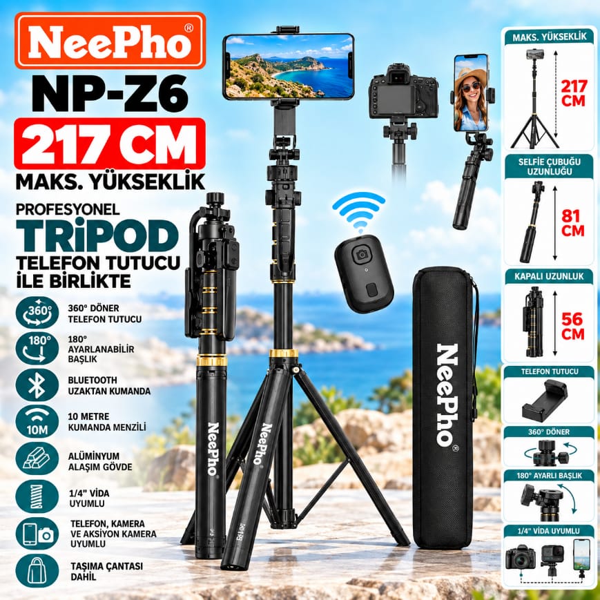 Neepho NP-Z6 Kumandalı 217 CM Multifonksiyonel Tripod