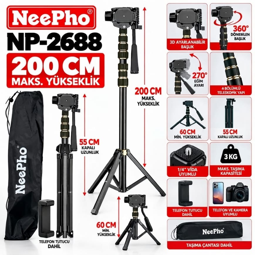 Neepho NP-2688 200 CM Profesyonel Tripod