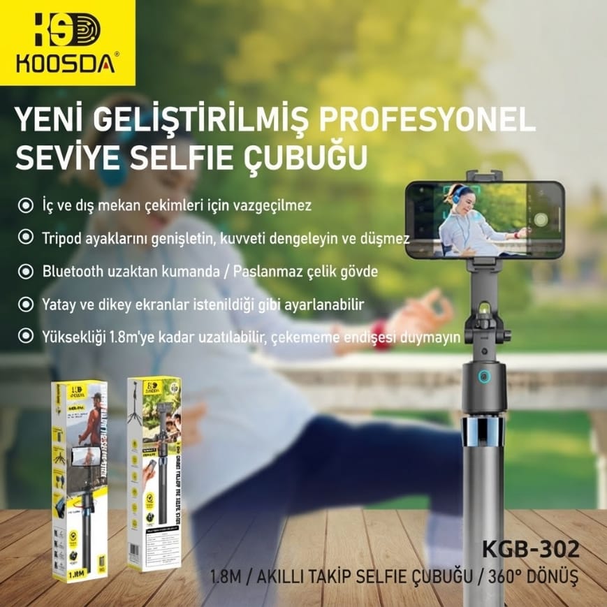 Koosda KGB-302 1.8 M Kumandalı Akıllı Takip Sensörlü Tripod Selfie Çubuğu