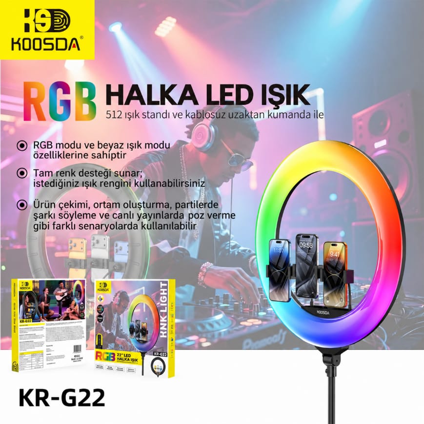 Koosda KR-G22 Kumandalı 3 Telefon Tutuculu 22 İnç RGB LED Işıklı Profesyonel Tripod