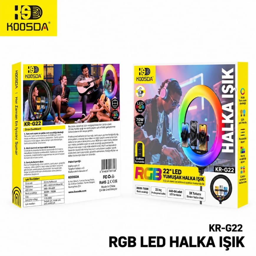 Koosda KR-G22 Kumandalı 3 Telefon Tutuculu 22 İnç RGB LED Işıklı Profesyonel Tripod