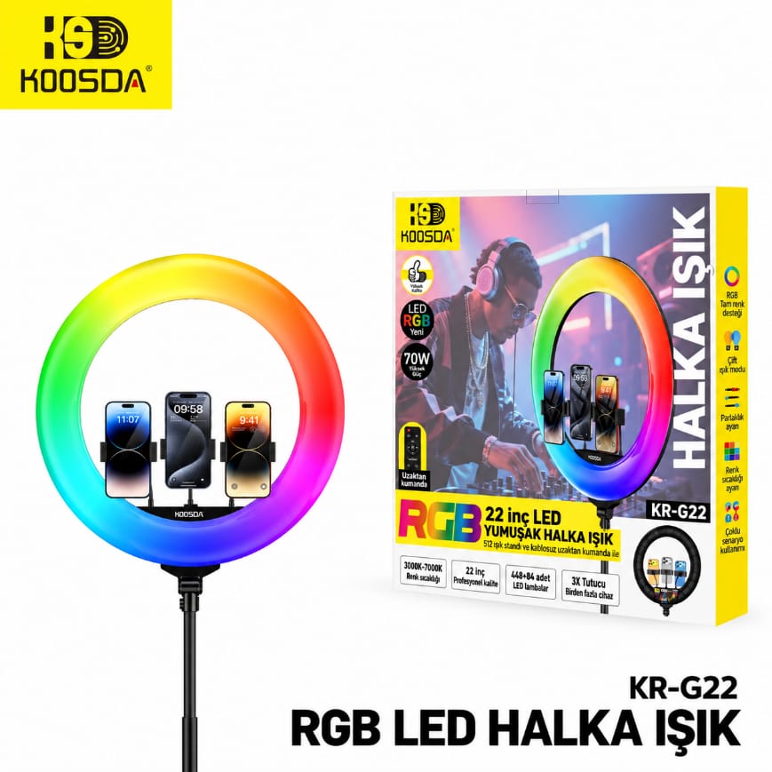 Koosda KR-G22 Kumandalı 3 Telefon Tutuculu 22 İnç RGB LED Işıklı Profesyonel Tripod