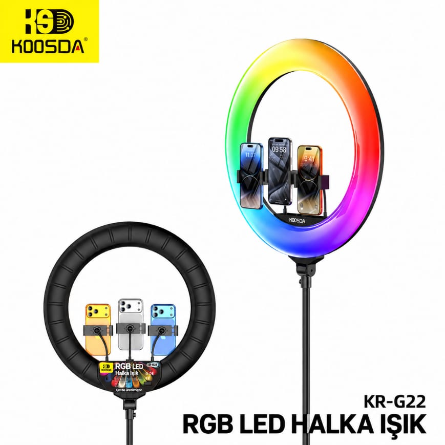 Koosda KR-G22 Kumandalı 3 Telefon Tutuculu 22 İnç RGB LED Işıklı Profesyonel Tripod