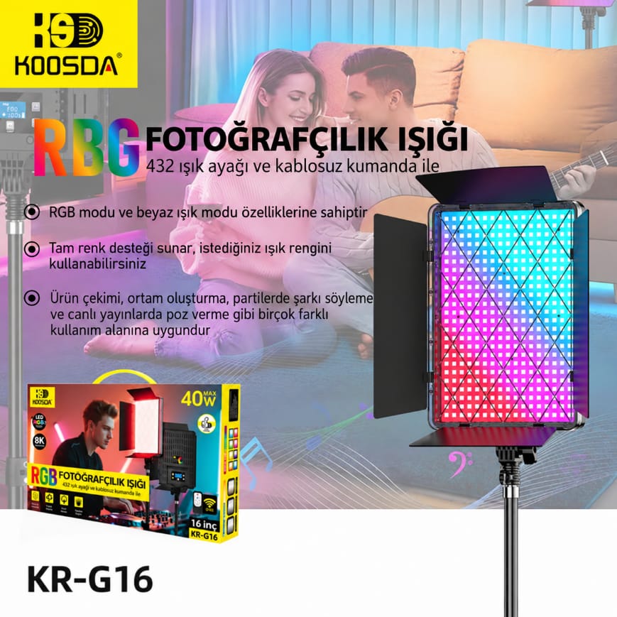 Koosda KR-G16 40W Kumandalı RGB LED Fotoğraf Video Işığı