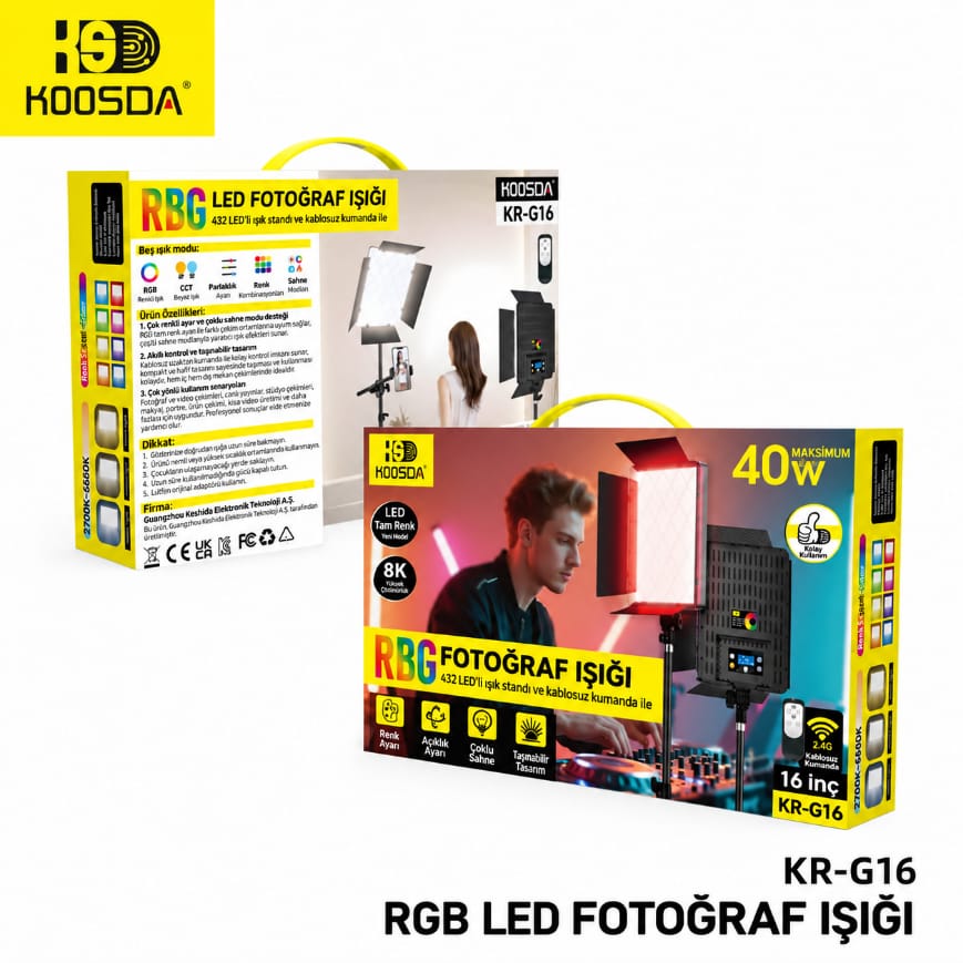 Koosda KR-G16 40W Kumandalı RGB LED Fotoğraf Video Işığı