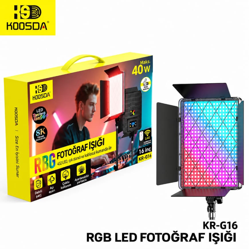 Koosda KR-G16 40W Kumandalı RGB LED Fotoğraf Video Işığı