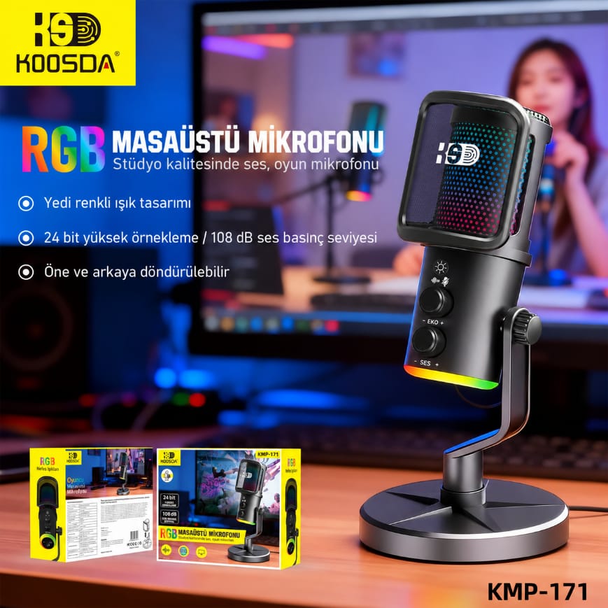 Koosda KMP-171 RGB Profesyonel Stüdyo Yayıncı ve Oyuncu Mikrofon Seti