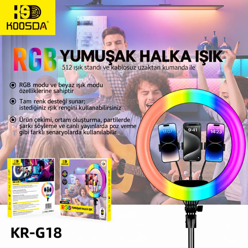 Koosda KR-G18 Kumandalı 3 Telefon Tutuculu 18 İnç RGB LED Işıklı Profesyonel Tripod