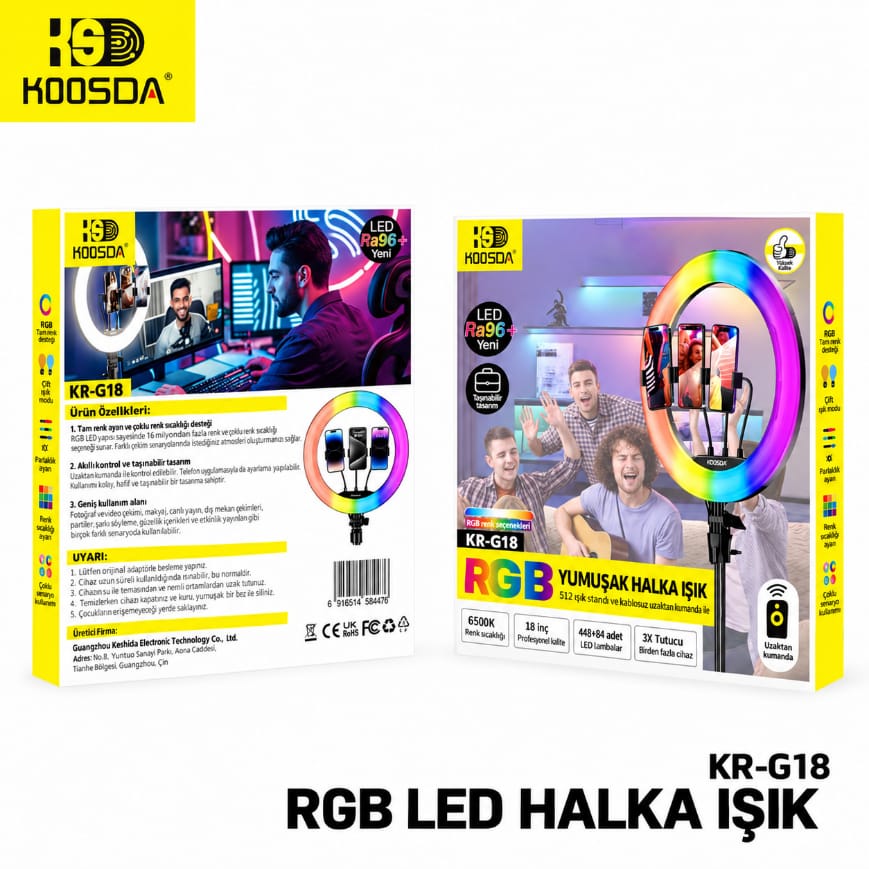 Koosda KR-G18 Kumandalı 3 Telefon Tutuculu 18 İnç RGB LED Işıklı Profesyonel Tripod