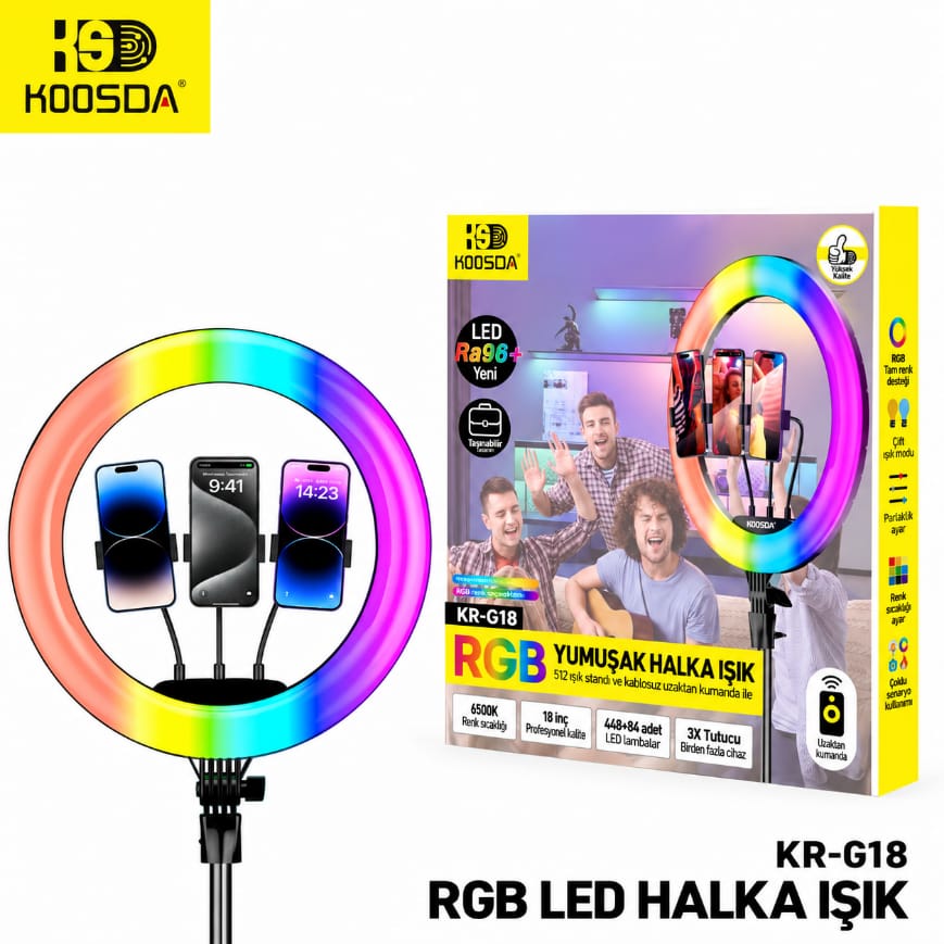 Koosda KR-G18 Kumandalı 3 Telefon Tutuculu 18 İnç RGB LED Işıklı Profesyonel Tripod