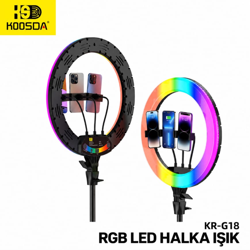 Koosda KR-G18 Kumandalı 3 Telefon Tutuculu 18 İnç RGB LED Işıklı Profesyonel Tripod