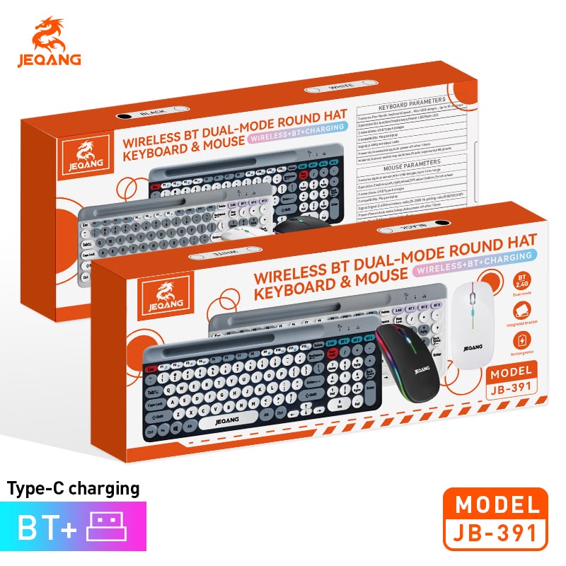 JEQANG JB-391 Yuvarlak Tuşlu Tablet Telefon Stand Destekli Bluetooth Kablosuz Klavye Mouse Seti
