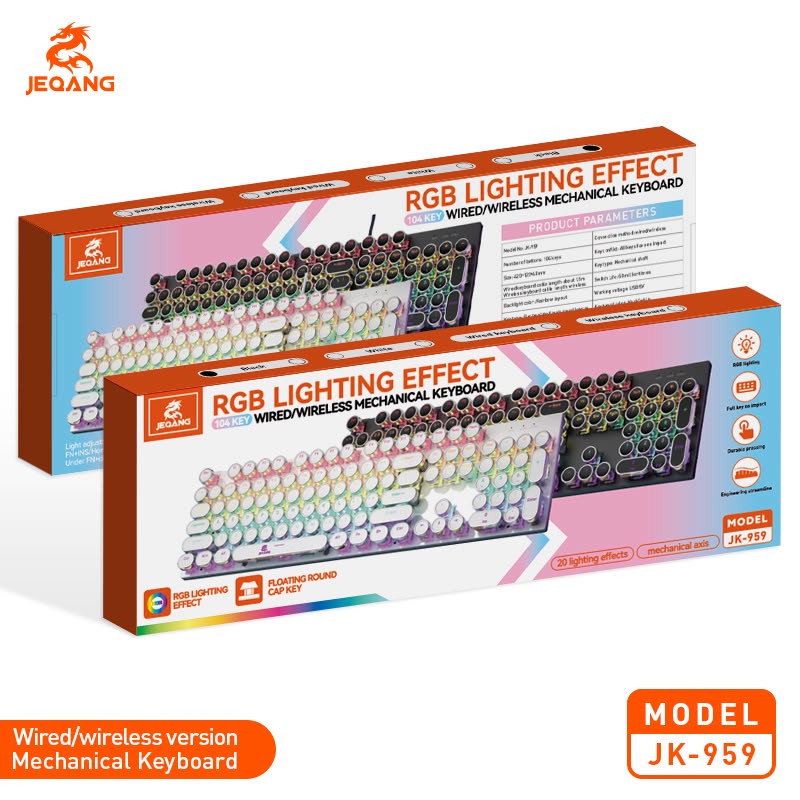 JEQANG JK-959 Kablolu / Kablosuz Bağlantılı RGB Işıklı Mekanik Oyuncu Klavyesi