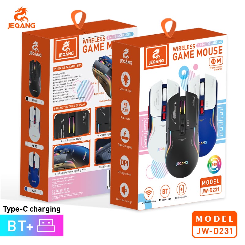 JEQANG JW-D231 2.4 GHz Bağlantı Alıcılı RGB Işıklı Kablosuz Oyuncu Mouse