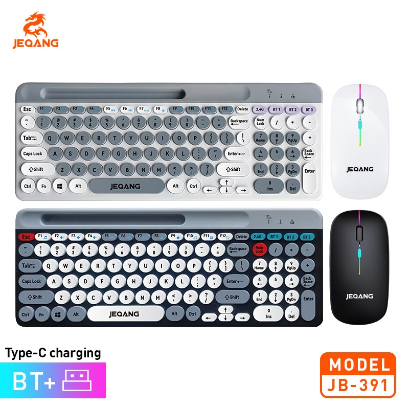 JEQANG JB-391 Yuvarlak Tuşlu Tablet Telefon Stand Destekli Bluetooth Kablosuz Klavye Mouse Seti