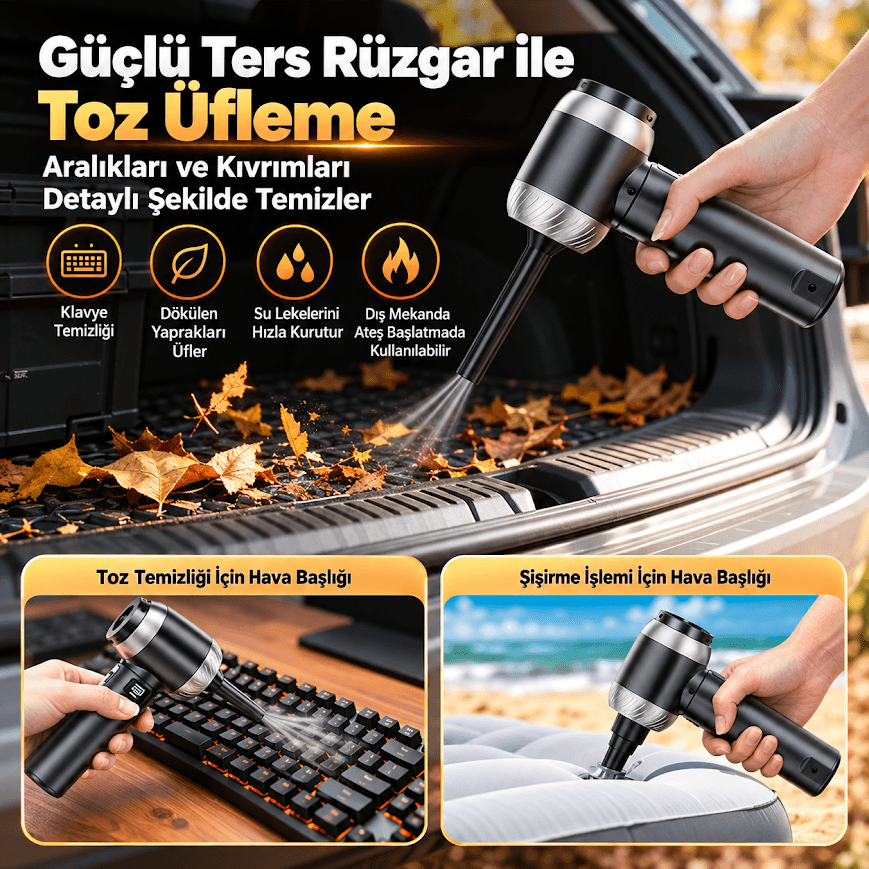 GLR ST-6698A PLUS Şarjlı Vakumlu Hava Üfleyici ve Araç içi El Süpürgesi