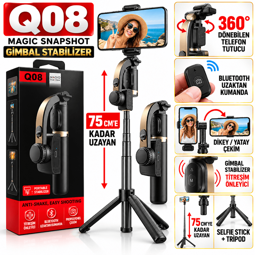 GLR Q08 Kumandalı Tripod Gimbal Özellikli Selfie Çubuğu