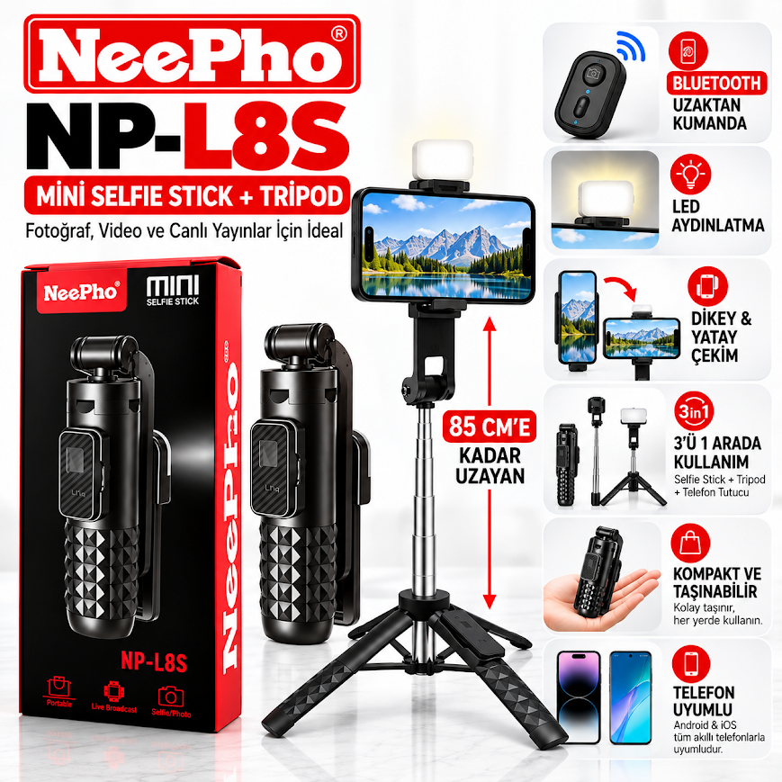 Neepho NP-L8S Kumandalı Mini Tripod Işıklı Selfie Çubuğu