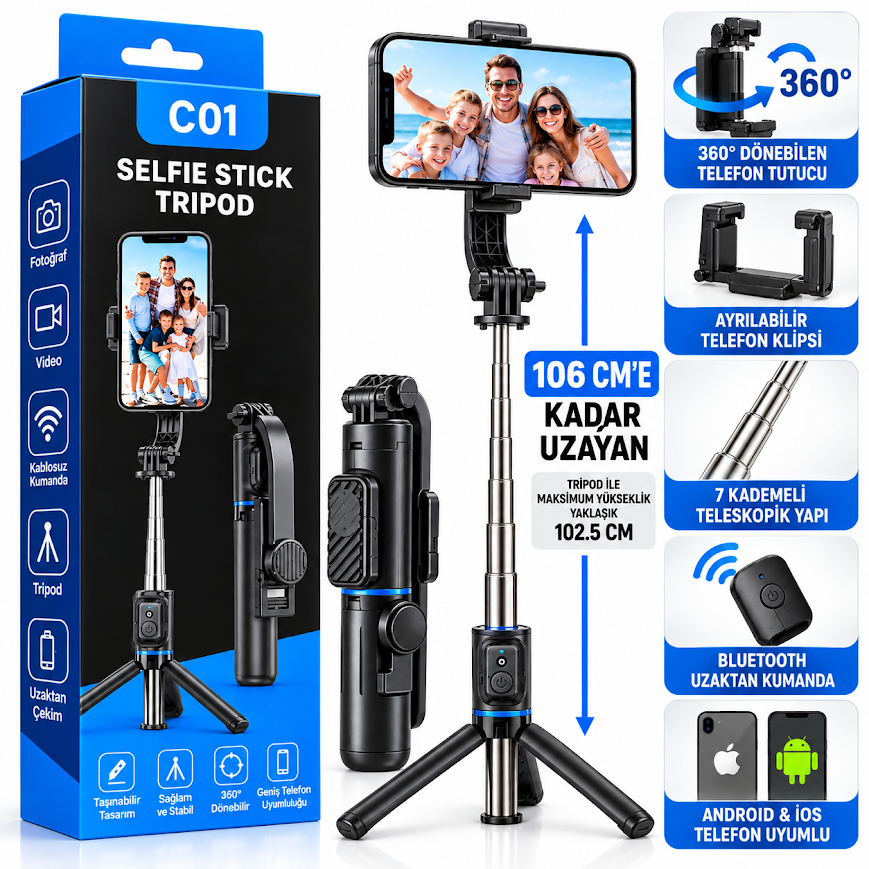 GLR C01 Kumandalı Mini Tripod Selfie Çubuğu