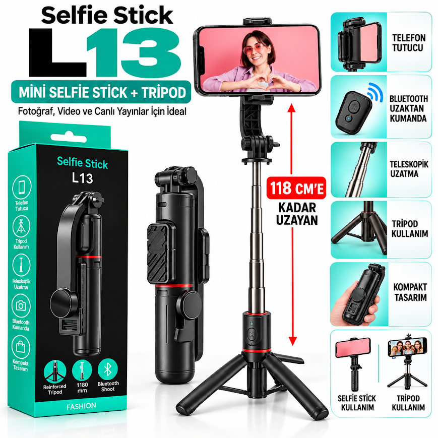 GLR L13 Kumandalı Mini Tripod Selfie Çubuğu