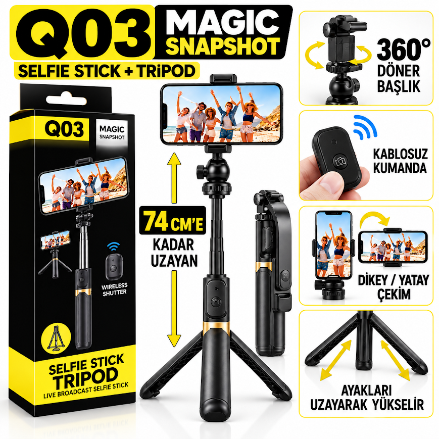 GLR Q03 Kumandalı Mini Tripod Selfie Çubuğu