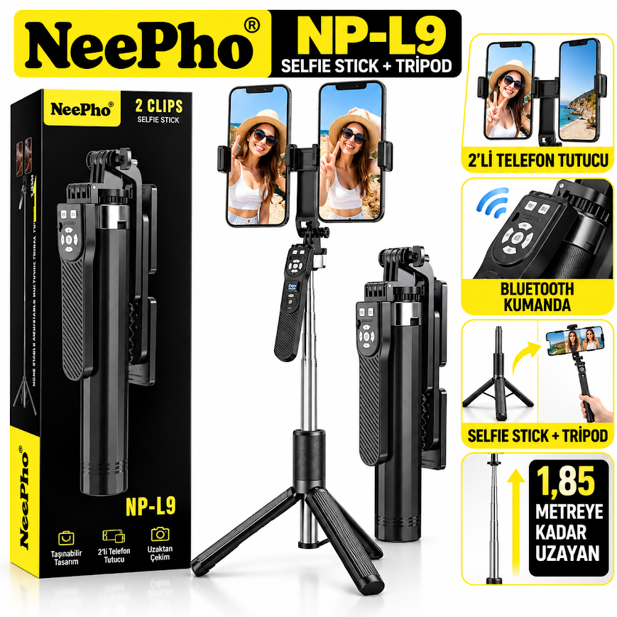 Neepho NP-L9 Kumandalı Çift Telefon Tutucu Özellikli Tripod Selfie Çubuğu