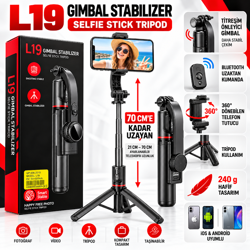 GLR L19 Kumandalı Tripod Gimbal Özellikli Selfie Çubuğu