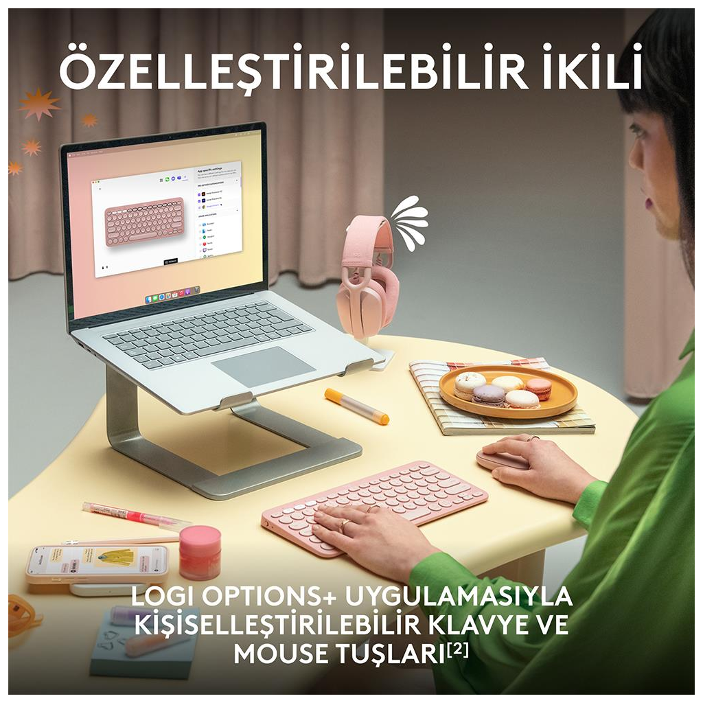 LOGITECH Pebble 2 Combo, Rose, 920-012247, Bluetooth, Türkçe, Q, Multimedya, Mini Klavye Mouse Set