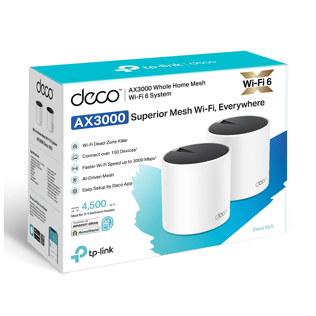 TP-LINK DECO-X55, AX3000, İkili Mesh, 3000Mbps Dual Band, WiFi6, 3Port Gigabit Lan, 420m2 Çekim Alanı, Router, Geniş Alan İnternet Ağı Sağlayıcısı