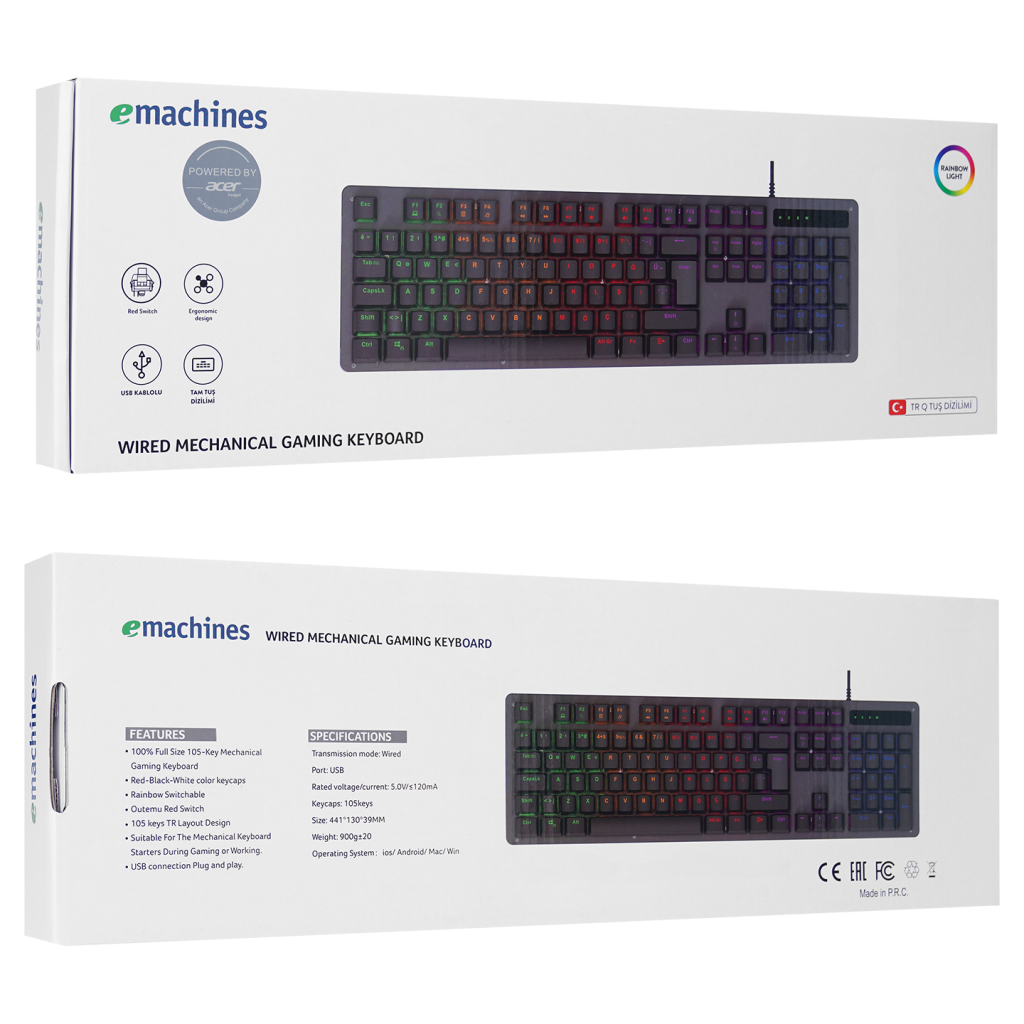 ACER eMachines, EAK104, Siyah, USB Kablolu, RGB Backlight, RED Switch, Mekanik, Türkçe Q, 104 Tuşlu, Gaming Klavye