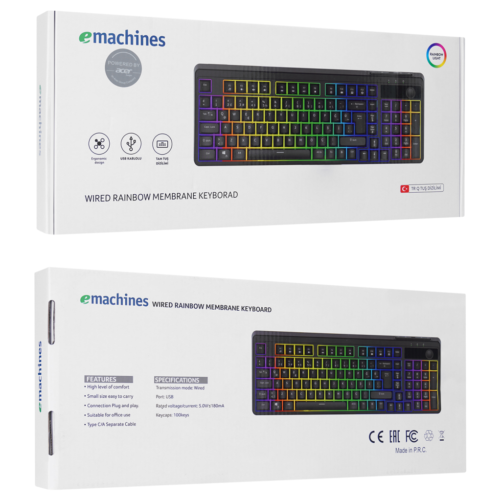 ACER eMachines, EAK860, Siyah, USB Kablolu, Rainbow Backlight, Membran Tuşlar, Türkçe Q, 100 Tuşlu, Gaming Klavye