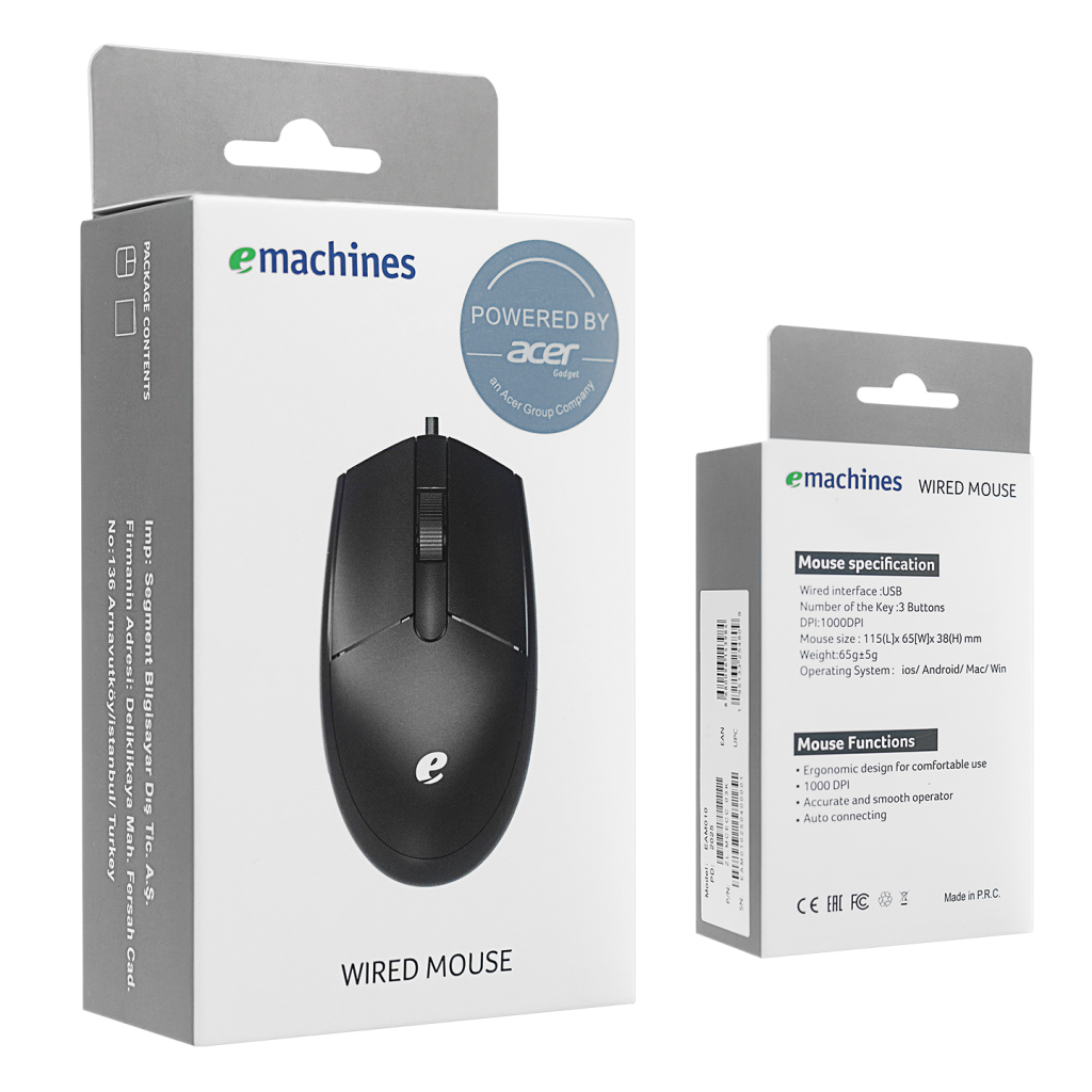 ACER eMachines, EAM010, Siyah, USB Kablolu, 1000dpi, Optic, 3 Buton, Mouse