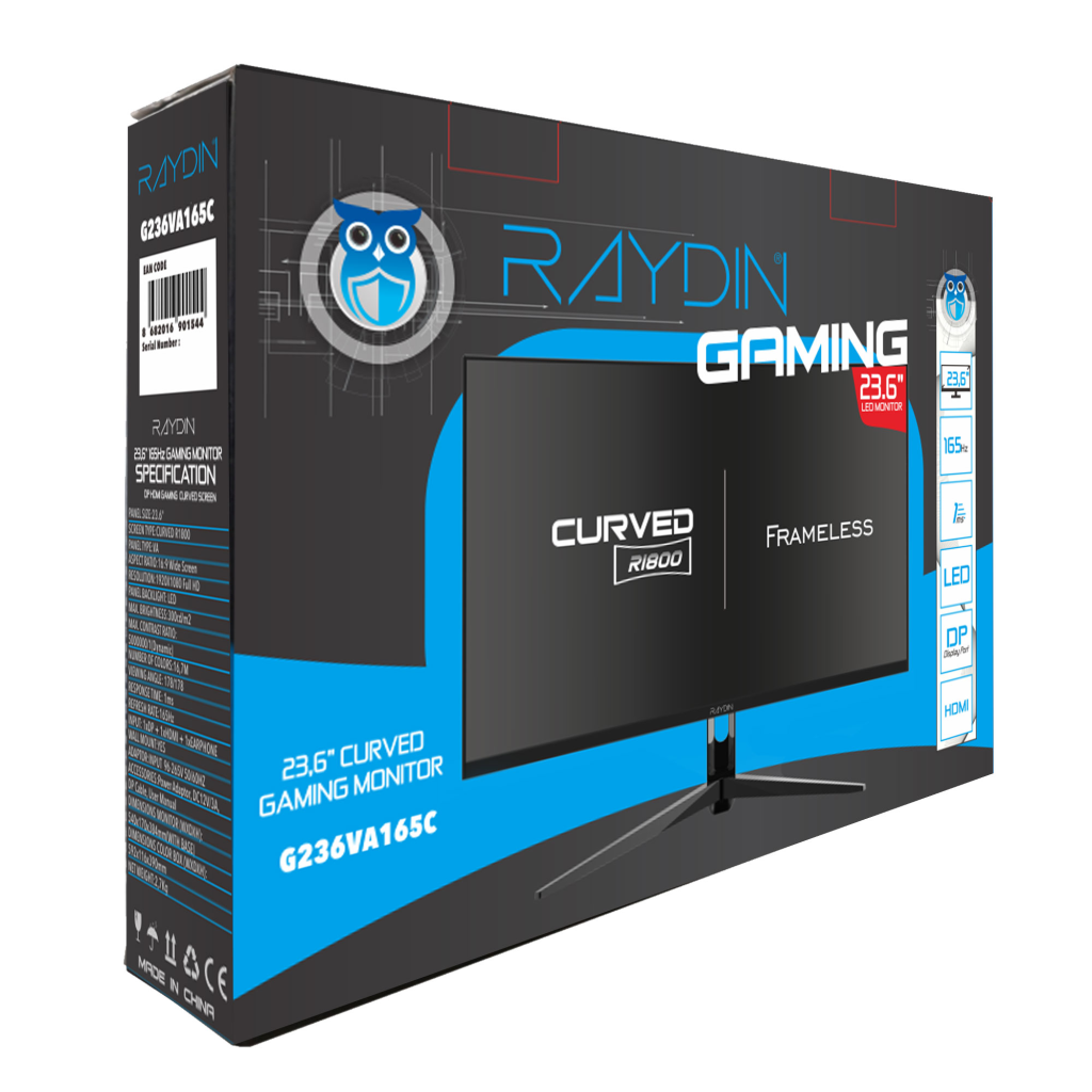 RAYDIN G236VA165C, 23.6", 1ms, 165Hz, Full HD, HDMI, DP, USB, Hoparlör, VA LED, R1800 Curved, Frameless, FreeSync Gaming Monitör