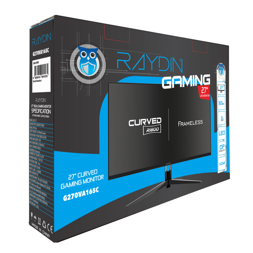 RAYDIN G270VA165C, 27", 1ms, 165Hz, Full HD, HDMI, DP, USB, Hoparlör, VA LED, R1800 Curved, Frameless, FreeSync Gaming Monitör