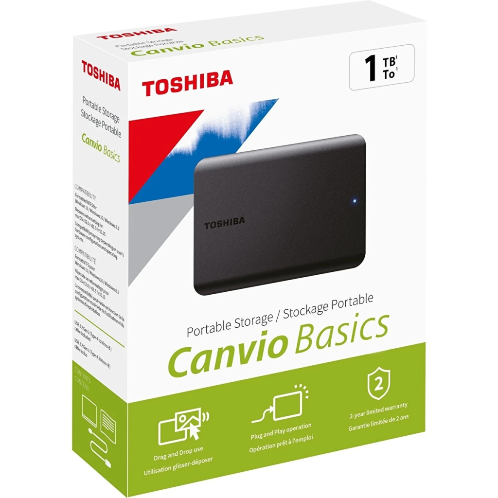 TOSHIBA HDTB510EK3AA, Canvio Basic, 1TB, 2.5" USB 3.2, Taşınabilir, Harici HDD, (Black)