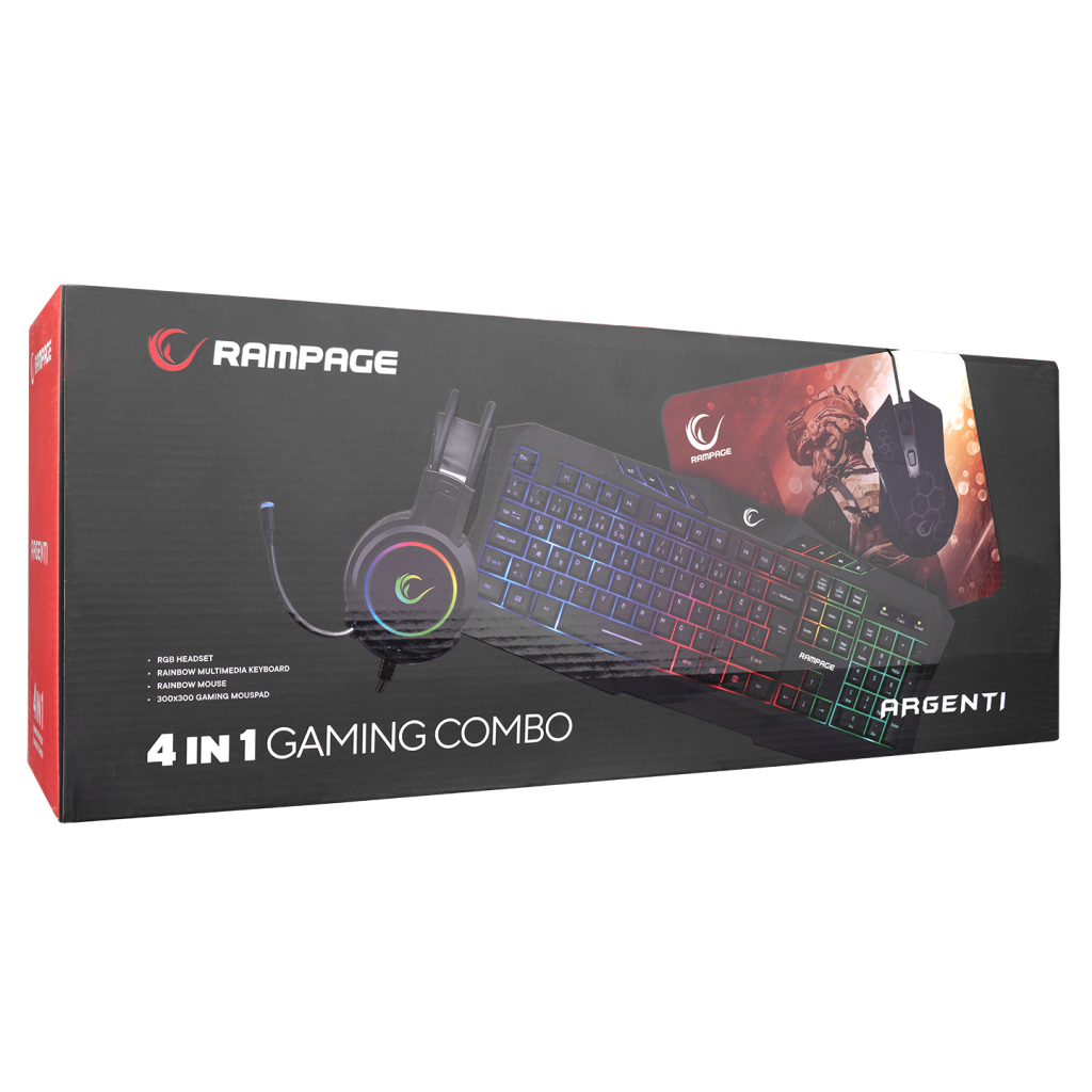 RAMPAGE KM-404, ARGENTI, Rainbow Işıklı, Türkçe Q, USB Kablolu, Gaming, Klavye, Mouse, Kulaklık, Mousepad Set