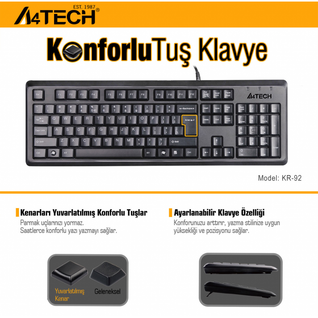 A4 TECH KR-92, Siyah, USB Kablolu, Türkçe Q, Multimedya, Klavye