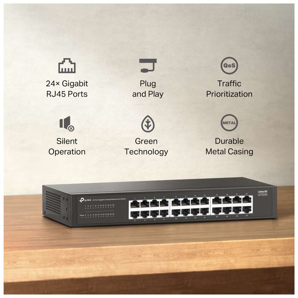 TP-LINK LS1024G, Green Tech, 24 Port GigaBit, Yönetilemez, Metal Kasa, Masaüstü Switch
