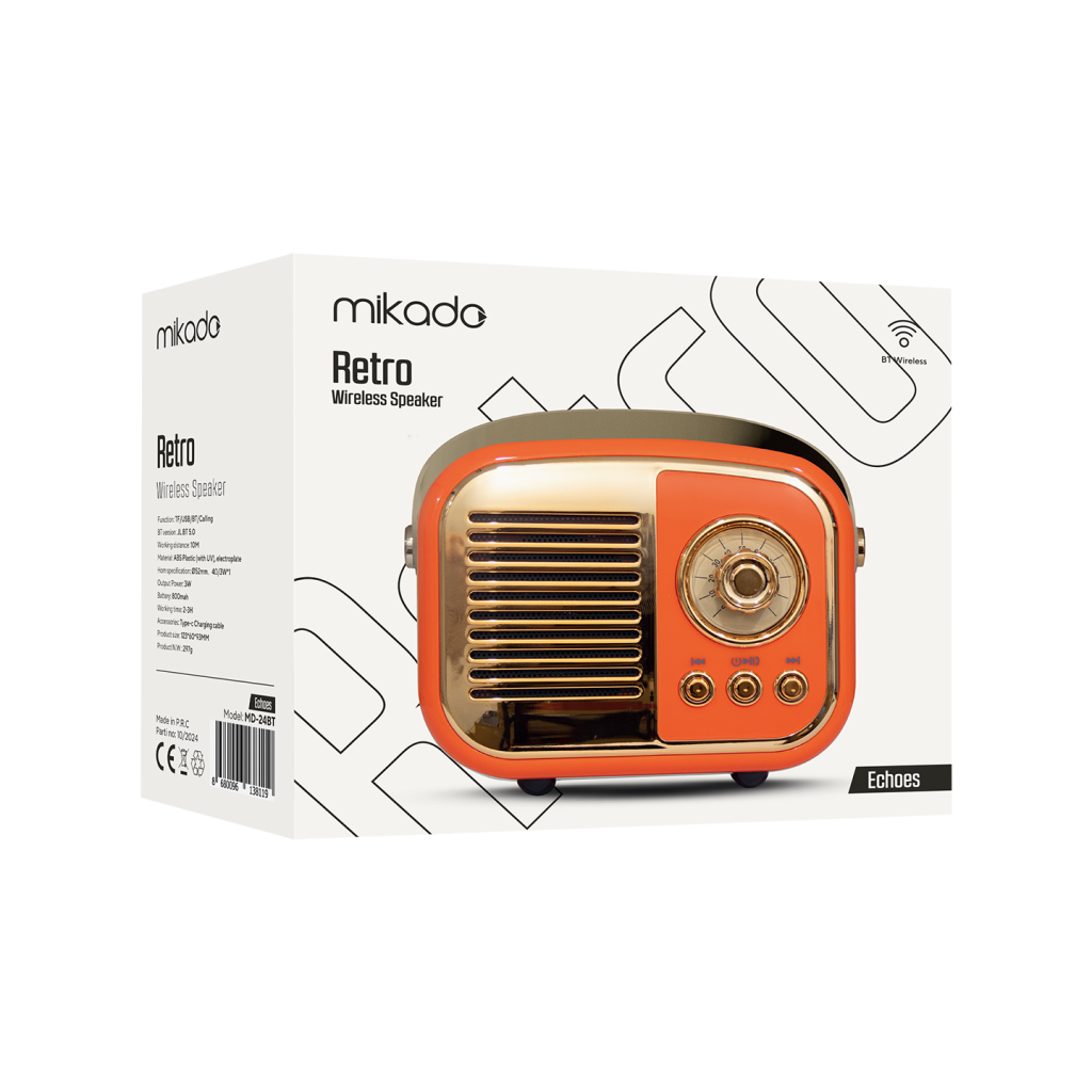 MIKADO MD-24BT, Echoes, Turuncu, 3W, Taşınabilir, USB/TF Kart/Bluetooth, 800mAh, Klasik Retro Müzik Kutusu